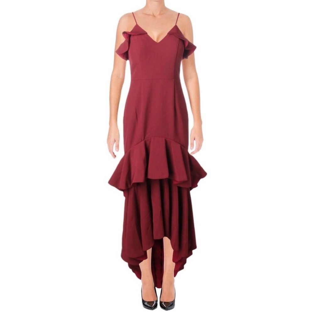 JARLO Mina Layered Ruffle Sleeveless V-Neck Gown Burgundy 4
